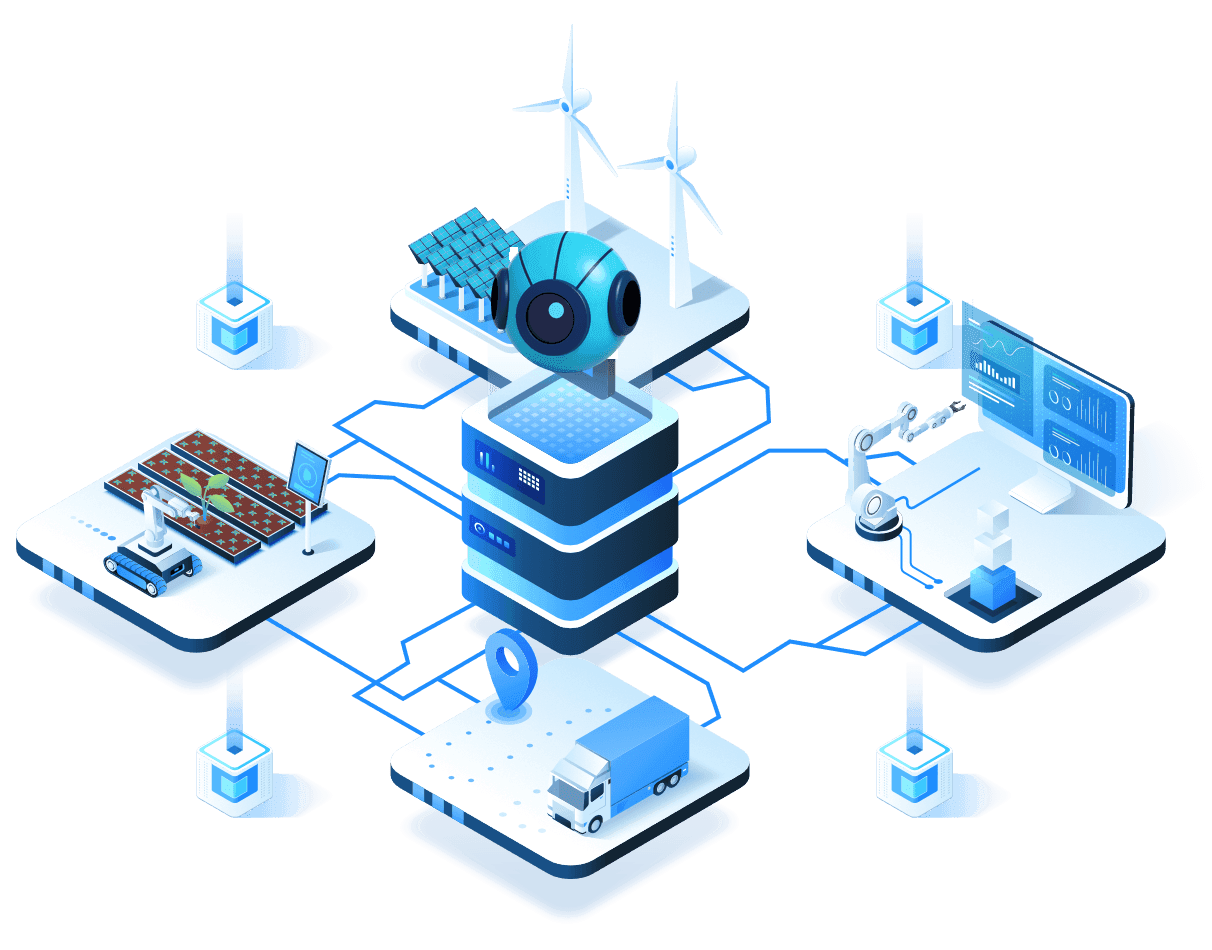 Ekosistem AIoT INCLUDE: data core terhubung ke platform energi, industri, agrikultur, dan logistik